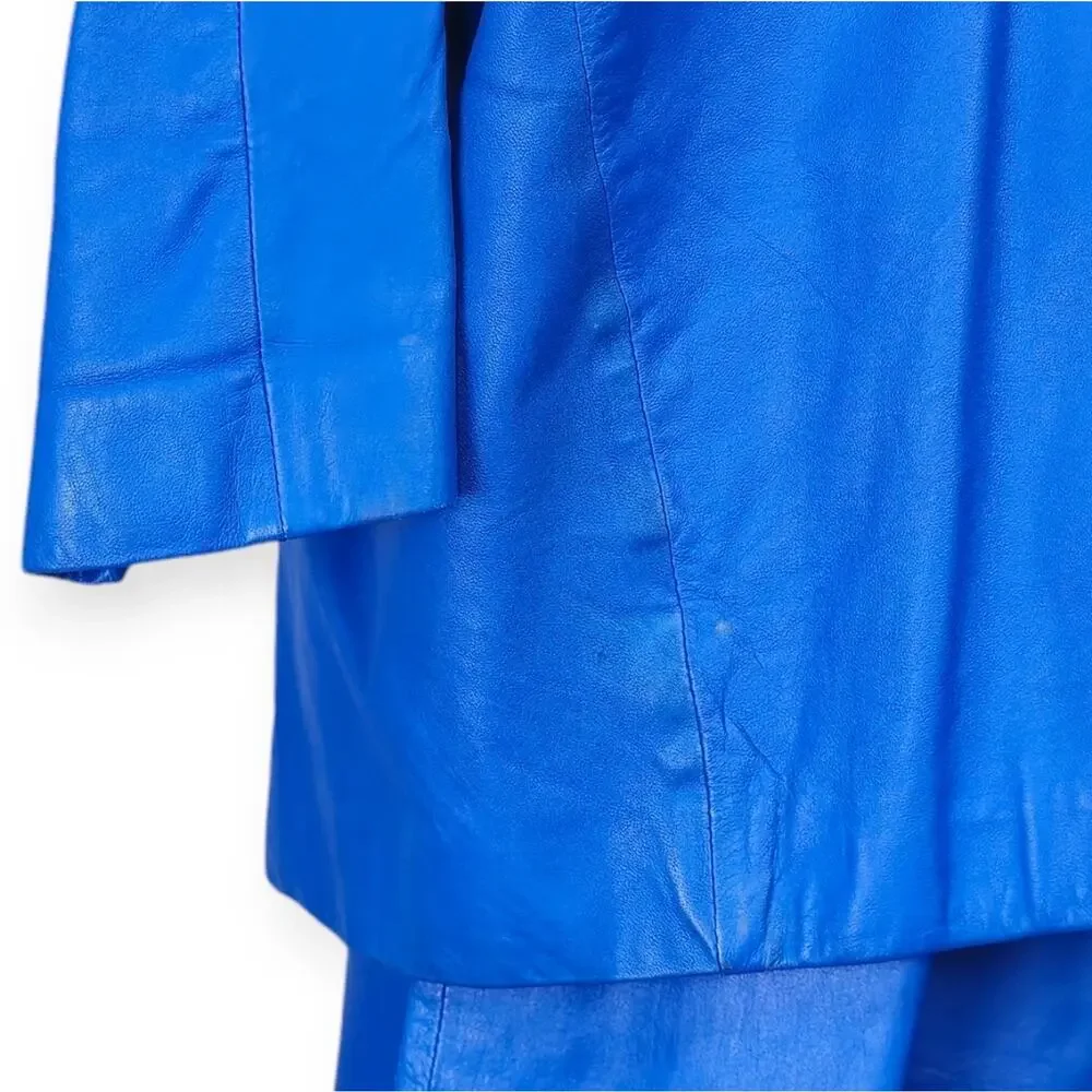 80s Retro Blue Leather Blazer Jacket Vintage Size L - Picture 12 of 16